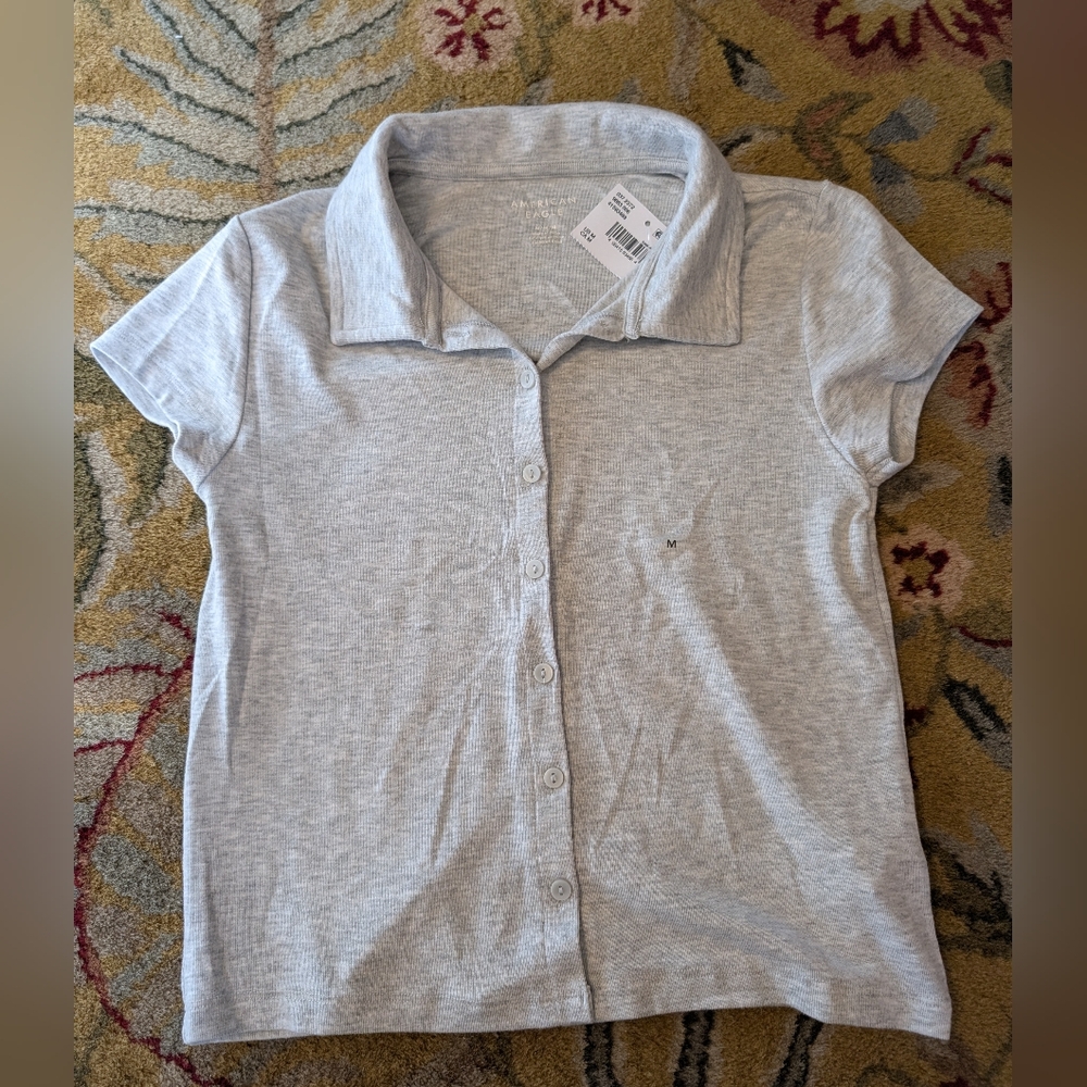 American Eagle Outfitters Women's Heather Gray Button Up Baby Tee